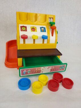 Vtg 1974 Fisher Price Cash Register #926 Working Bell Drawer & 6 Coins Toy Flaws